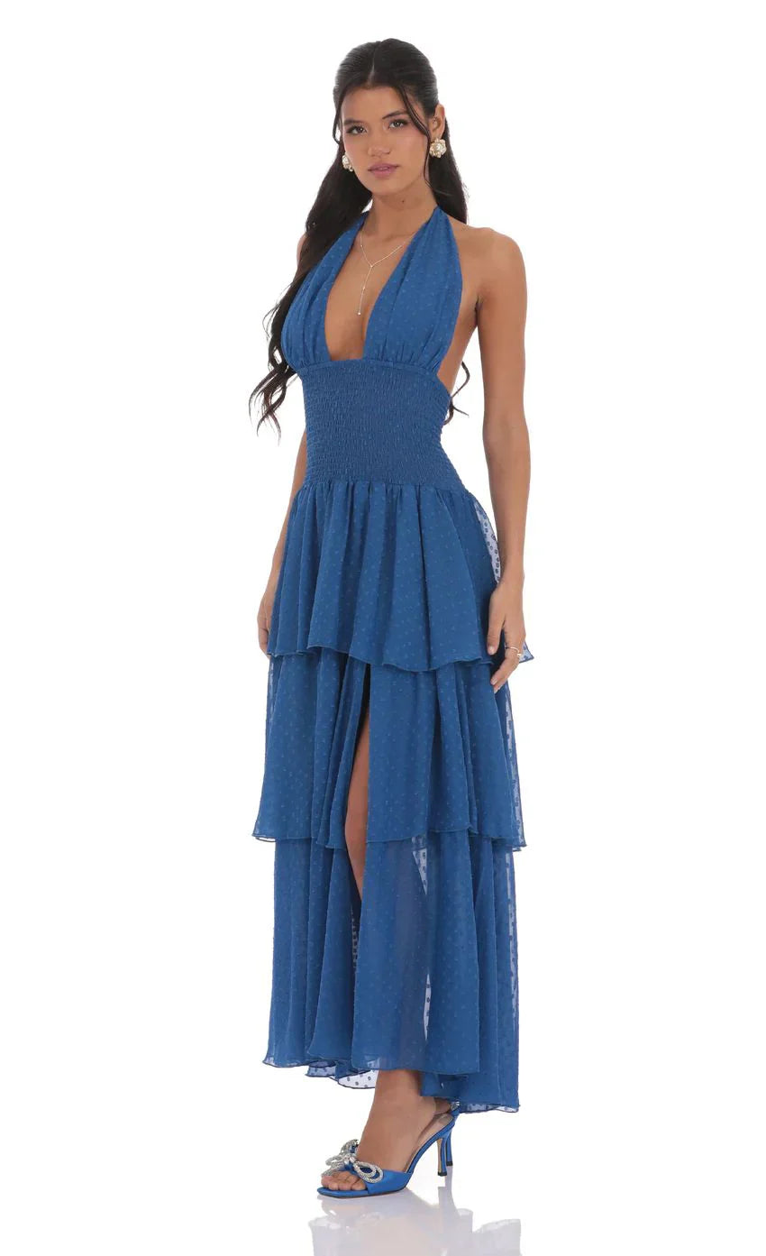 Dotted Smocked Halter Maxi Dress in Blue